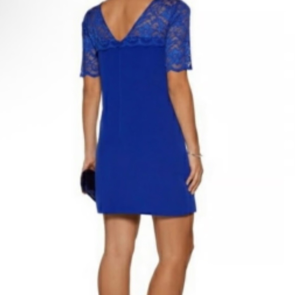 Badgley Mischka‎ Belle Royal Blue Floral Lace Detail Sleeves Mini Dress Sz 12 - Picture 2 of 9